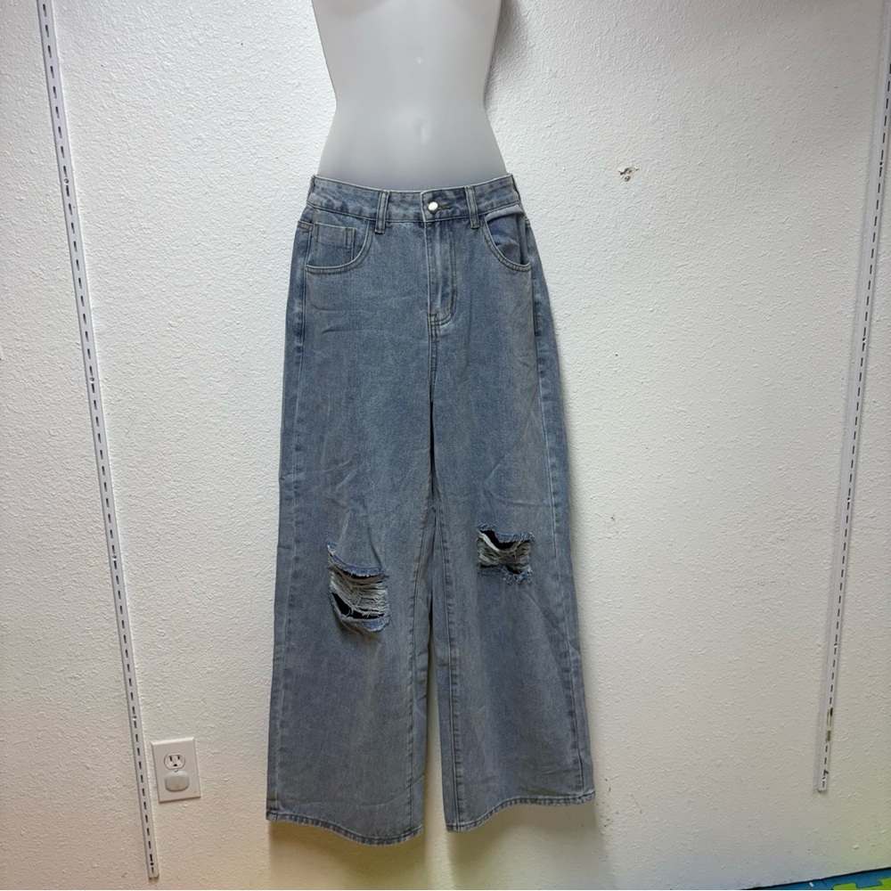 Blue Flare Wide Leg Jeans with Distressed Details 039